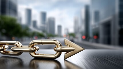 Naklejka premium Golden chain link leading towards a city backdrop indicating direction and movement