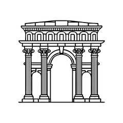 Architectural line drawing of a classical triumphal arch featuring grand columns and intricate stonework details in a historical monument style. © Shakeela