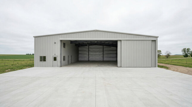 Empty pole barn building with open doors