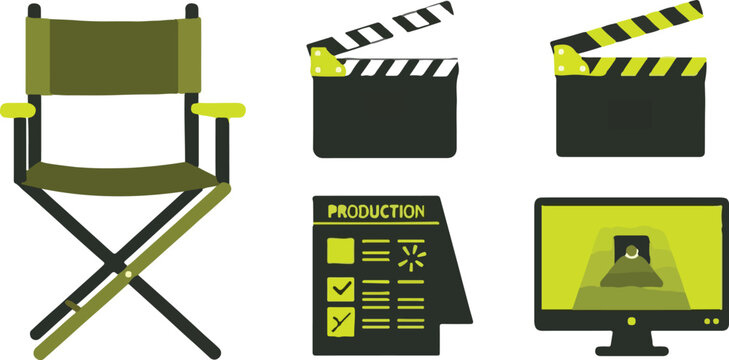 Set of 5 film production vector icons with director chair and clapperboard