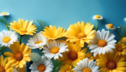 Obraz premium Vibrant Yellow And White Daisies Against A Soft Blue Background