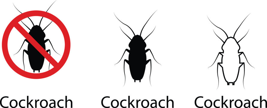 Cockroach vector set collection group with roach pest insect icons, exterminator infestation control symbol prohibition sign silhouette outline isolated editable design