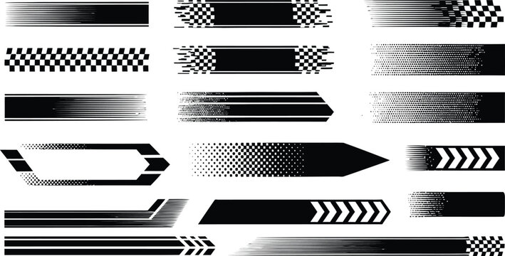 Black Vector Speed Lines and Racing Stripes Set with Checkered Flag Patterns for Automotive Graphic Design Sport Motion and Fast Movement Effects