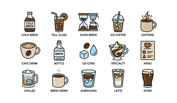 Assortment of cold brew coffee icons featuring various styles and preparations