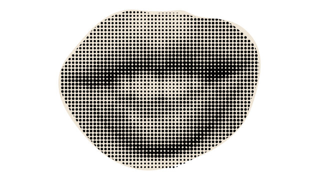 A stylized graphic depiction of human lips created using a black and white halftone dot pattern