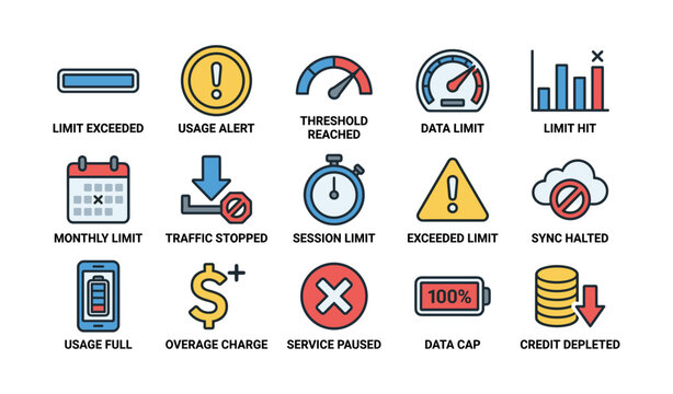 Data usage limits and alerts icons set indicating various restrictions and warnings