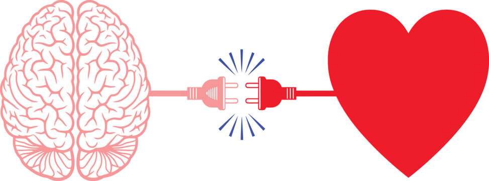 Conceptual Vector Illustration of a Brain and Heart Connecting with Electrical Plugs Representing Emotional Intelligence Logic versus Emotion and Mental Balance