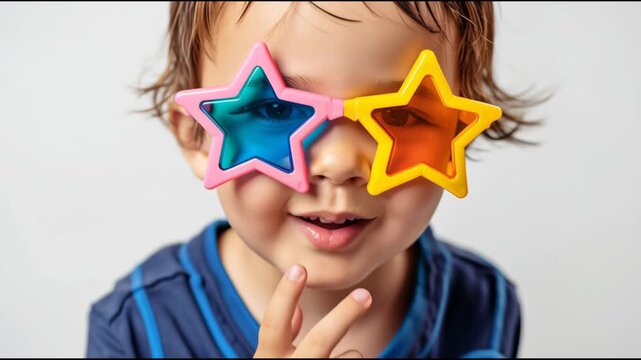 child wearing fun costume glasses star shape colorful plastic extreme close up focus on glasses playful concept vibrant lighting clean background