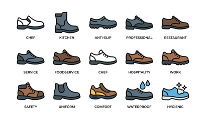 Obraz premium Variety of professional footwear for chefs and foodservice workers