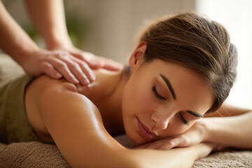 Obraz premium Serene young woman enjoying a relaxing professional back massage at a luxury spa resort, eyes closed in deep tranquility.