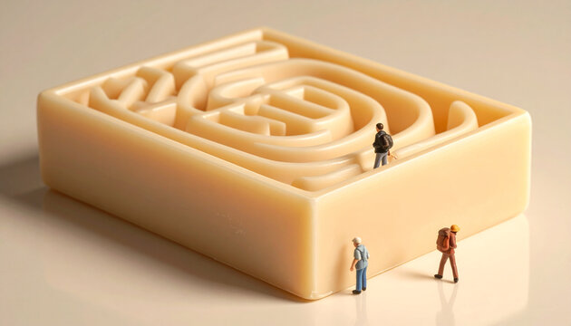 Miniature figures exploring a maze concept on a neutral background
