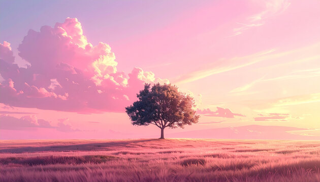 Tranquil landscape depicting tree silhouetted against pink and yellow sky