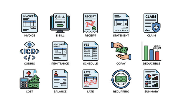 Colorful medical billing icons illustrating key financial concepts