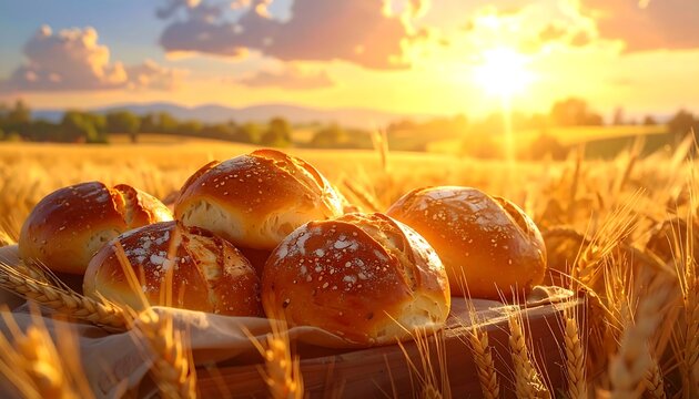 Close-up of golden-brown rolls in a wooden crate, amidst wheat stalks in a sunlit field, golden hour lighting