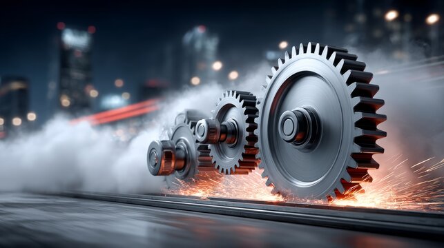 Gears in motion create sparks as they operate on a mechanical track at night