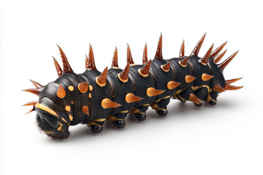 Macro of a Cairns Birdwing caterpillar Ornithoptera euphorion isolated on white background with black velvet body and orange spines