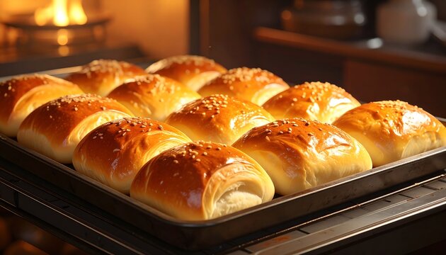 Close-up of golden-brown rolls sprinkled with seeds on a baking sheet inside an oven. The lighting is warm