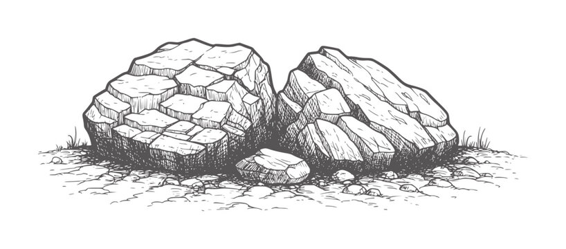 Cracked stone boulders and pebbles rough ground with grass rock