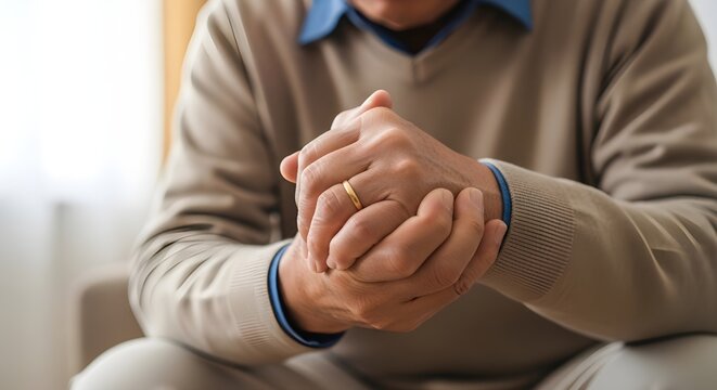 Close-up of an older man's clasped hands, showing a wedding ring, possibly indicating discomfort or contemplation.