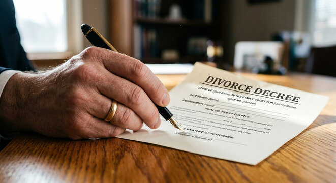 Close up of a man signing divorce decree papers on a wooden table.
