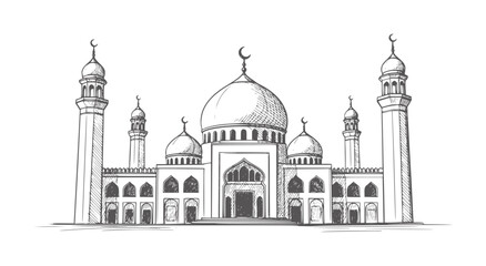 Hand drawn of a grand mosque with domes and minarets islam architecture © Mohammad