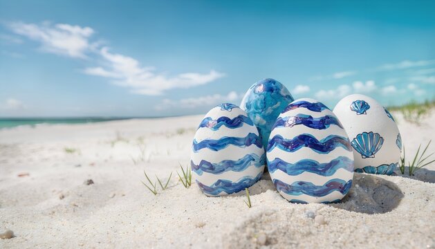 Blue Easter Eggs on Tropical Beach Sand with Ocean Background
