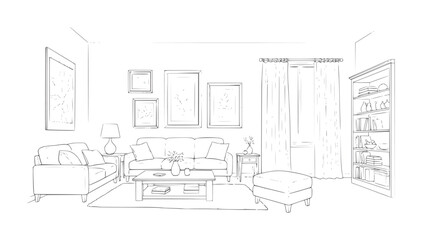 Living room interior with sofas coffee table and bookshelf line furniture © Mohammad