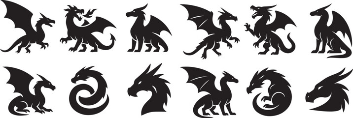 Fototapeta premium A set of black dragon silhouettes in different stances and shapes, ideal for use in graphic design, fantasy themes, and decorative elements.
