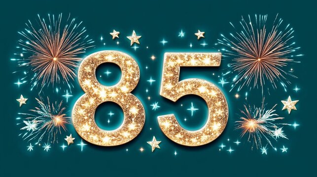 Elegant 85th Birthday Celebration with Sparkling Number and Fireworks Display on Emerald Background