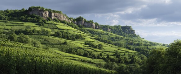 Naklejka premium Vibrant green vineyards flow like waves over terraced hills and rocky cliffs in nature's masterpiece