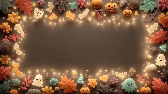 Colorful Halloween-themed frame with ghost and pumpkin decorations, perfect for festive events and invitations.