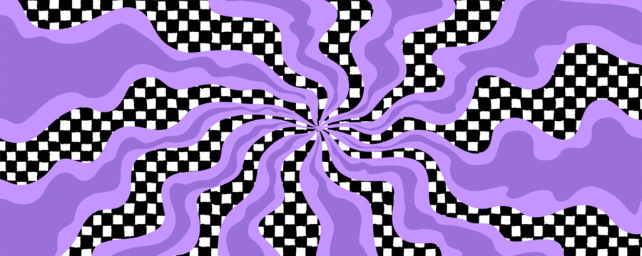 Groovy smoke background with flowing purple waves and black and white checkered pattern. Abstract psychedelic ray effect with dynamic motion. Vector illustration