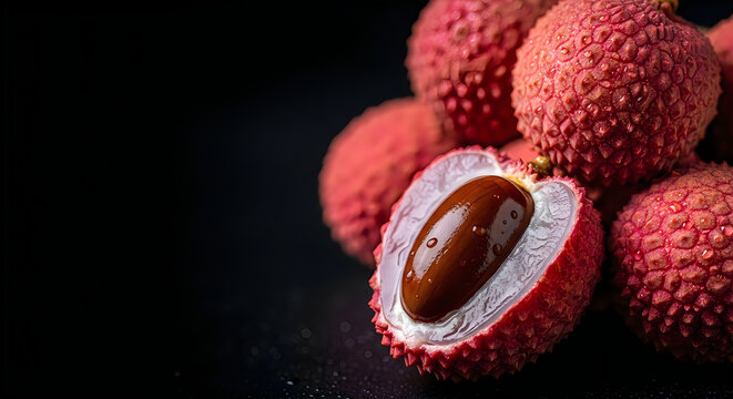 A pile of fresh lychee fruits on a black background