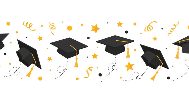 Graduation Celebration Banner with Flying Black Mortarboards and Gold Confetti on White Background