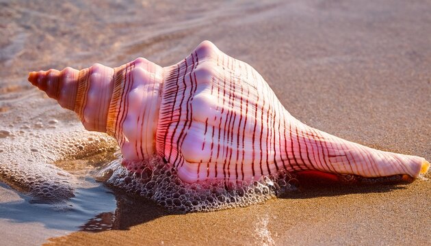 A Beautiful Pink Conch Shell Resting On Wet Tropical Sand Capturing The Delicate Curves And Vibrant Colors Of The Shell