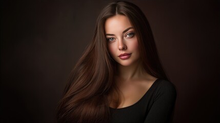 Naklejka premium Captivating Portrait of a Young Woman with Long, Flowing Hair, Soft Expressions, and Beautiful Features Against a Dark Background