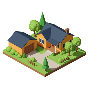 An isometric illustration of a charming suburban house with an attached garage, surrounded by lush green trees and manicured landscaping.