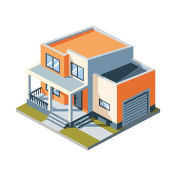 Isometric illustration of a modern two-story house with an attached garage and a covered porch.