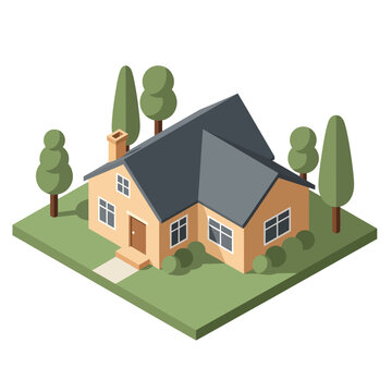 An isometric illustration of a charming suburban house with a pitched roof, surrounded by lush green trees and manicured bushes on a grassy plot.