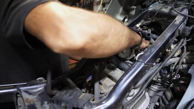 Adult repairman fixing motor of motorbike at workshop. Professional mechanic repairing engine of motorcycle at workplace. Male repairer mending detail of moto at garage. Concept of maintenance service