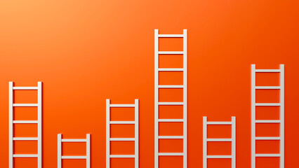 Multiple white ladders with varying heights against orange background. Symbolic representation of career growth and professional hierarchy. Abstract business development and stepping up to success. © HalukYakup