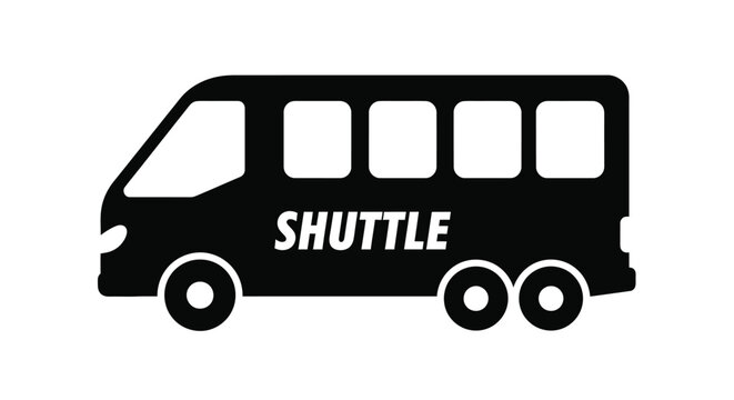 Simple black and white vector graphic illustration of a small passenger shuttle bus with text label