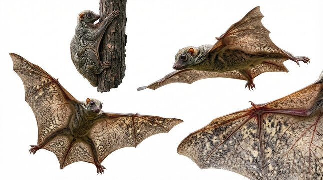 Sunda Colugo Malayan Flying Lemur Photo Set in Isolated Style. A collection of wildlife portraits, including gliding, climbing, wing detail, fur pattern, patagium, nocturnal mammal