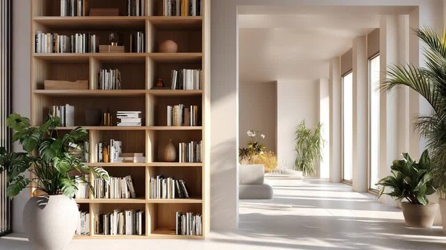 Modern Living Room with Bookshelf and Indoor Plants in Bright Space