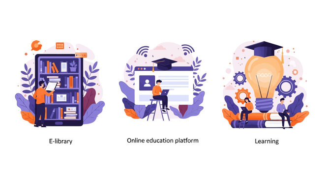 Online Education and Digital Learning Vector Concept Set - E-library, E-learning Platform, and Creative Thinking Icons for Academic Success
