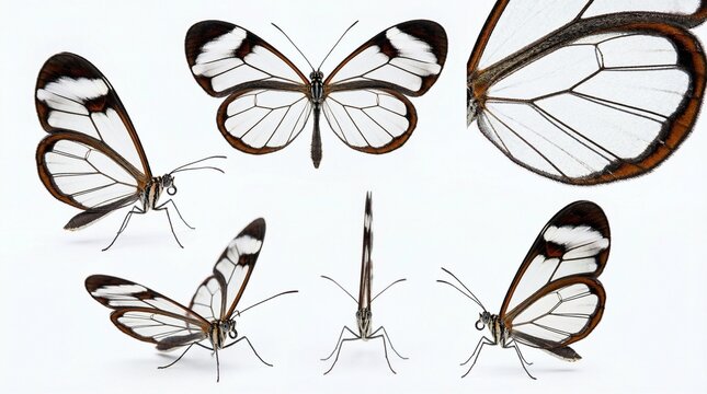 Glasswing Butterfly macro photography set in minimalist style. A collection of insect views including transparent wings, dorsal, lateral, head, anatomy, and more. High resolution macro.