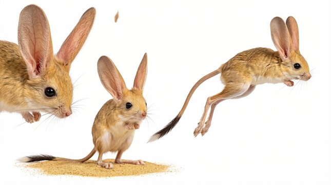 Long-eared Jerboa Poses Set in Realistic Photo Style. A collection of jerboa animal poses, including jumping, hopping, standing, ears, mammal, sand, tail, and more. Isolated Background.