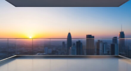 Fototapeta premium Empty modern balcony overlooking a blurred city skyline at sunset
