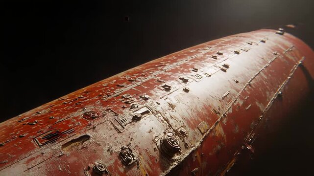 Weathered red metal hull of a spacecraft, featuring intricate industrial greebling and textured plating, depicting a futuristic science fiction design