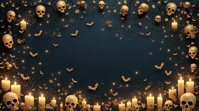 A dark, eerie background filled with skulls, flickering candles, and flying bats for a spooky atmosphere.